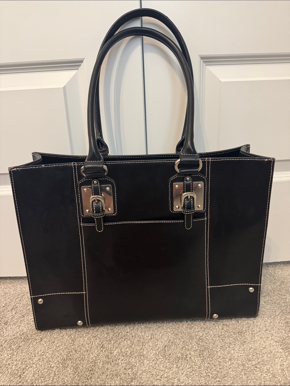Wilsons Black Leather Tote with Snake-Print Interior